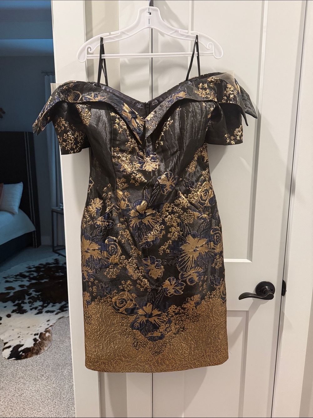 Gold and Black Strapless Floral Jacquard Cocktail Dress